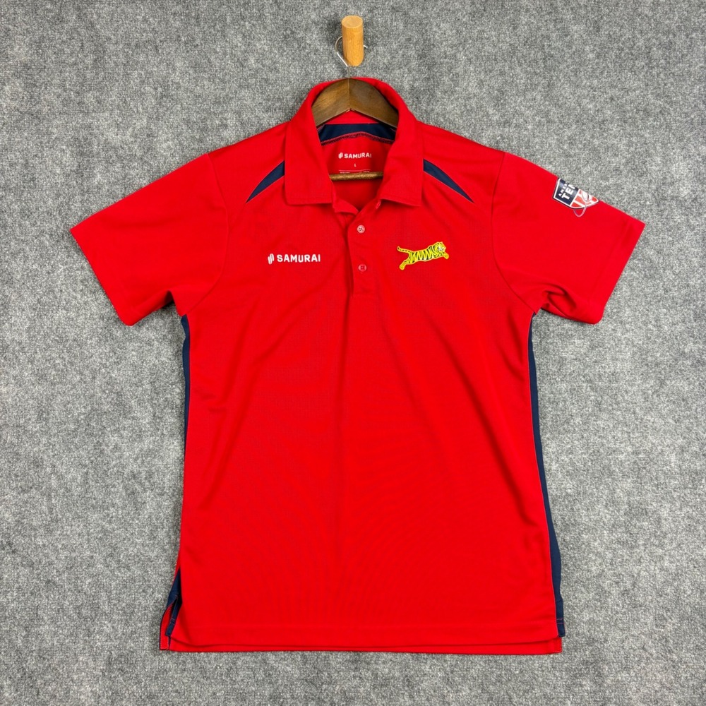 Samurai Leicester Tigers Rugby Polo Shirt Mens Large Red American Tens Sport L